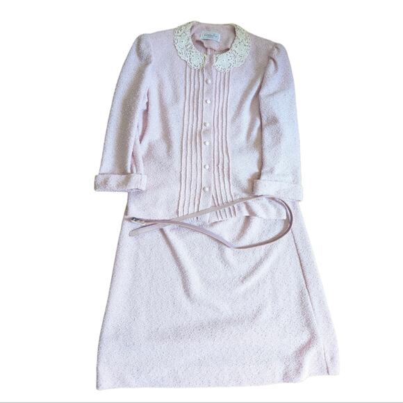 Vintage Leslie Fay Petites Boucle Knit Lace Collar Button Down Blouse Skirt Set - Picture 1 of 6